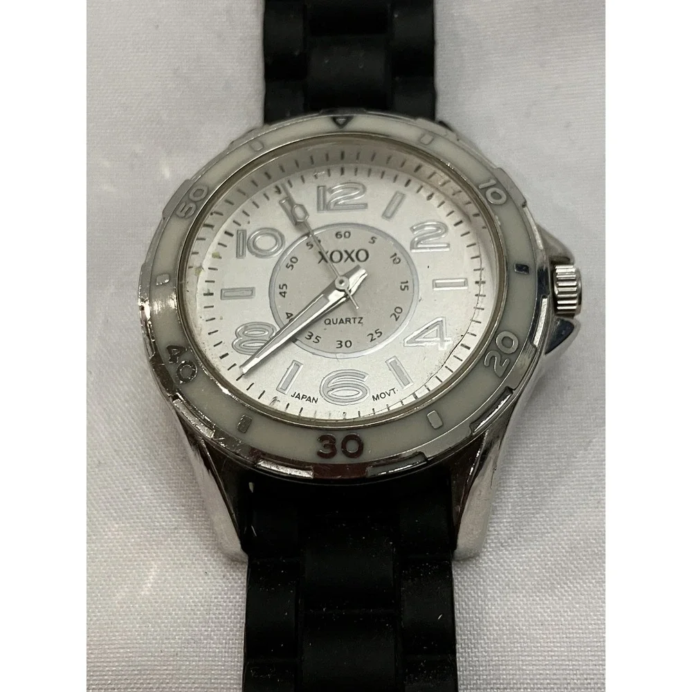 XOXO Silver Tone MOP Trim Black Silicon Strap Analog Watch XO9043 White Face